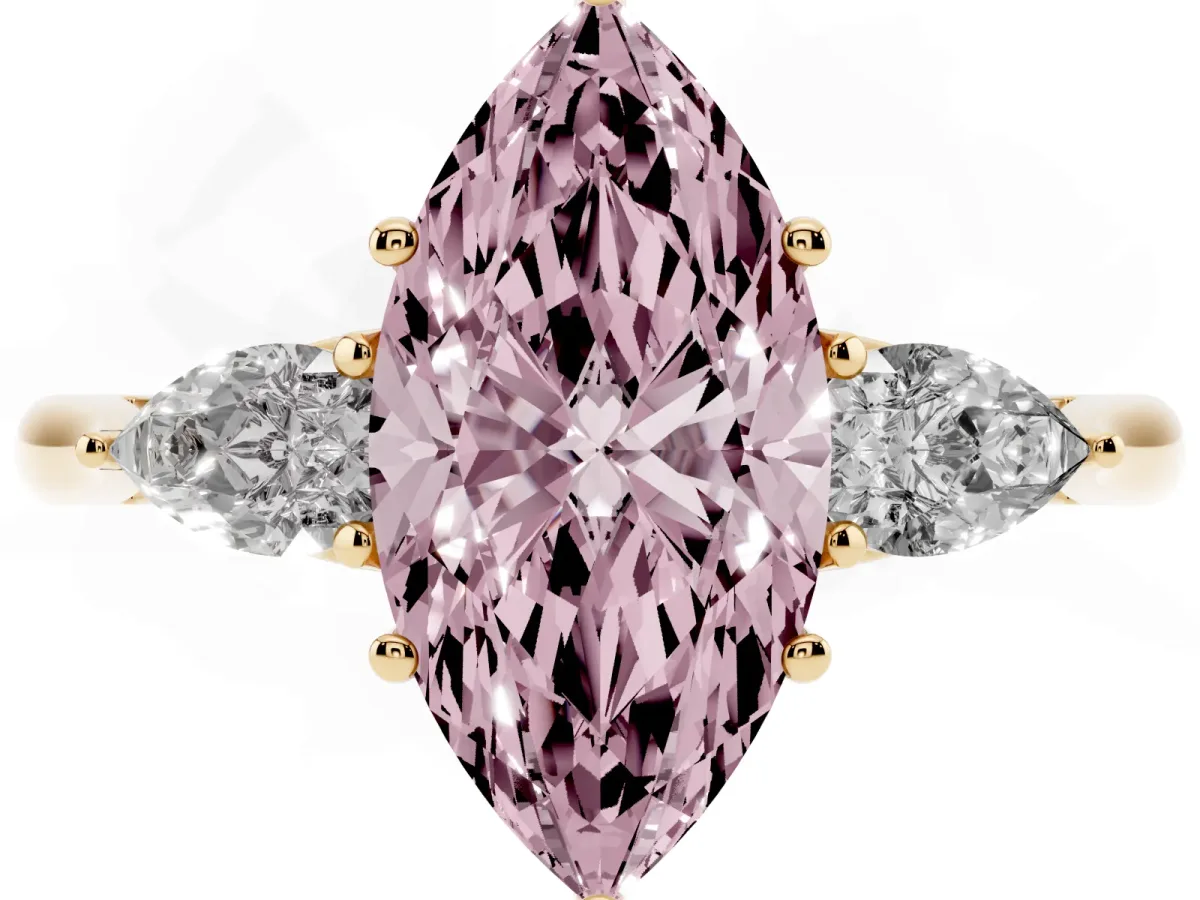 Fancy Pink Marquise Cut Diamond Three-Stone Ring with Pear Side Stones and Prong Setting Yellow gold