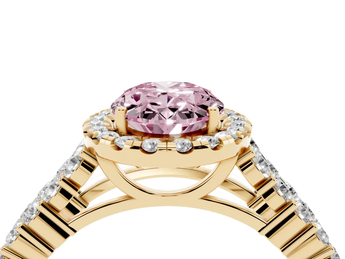 Fancy Pink Oval Cut Diamond Halo Engagement Ring with Triple Row Round Pavé Band and Prong Setting Yellow gold