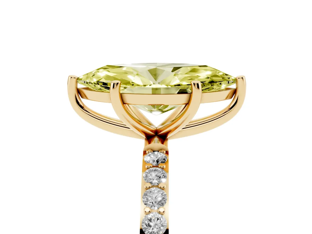 Fancy Yellow Marquise Cut Diamond Solitaire Ring with Round Pavé Shoulders and Prong Setting Yellow gold