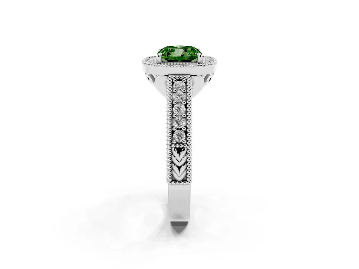 Fancy Green Cushion Cut Cut Halo Diamond Ring with Pavé Band and Four-Prong Setting Silver