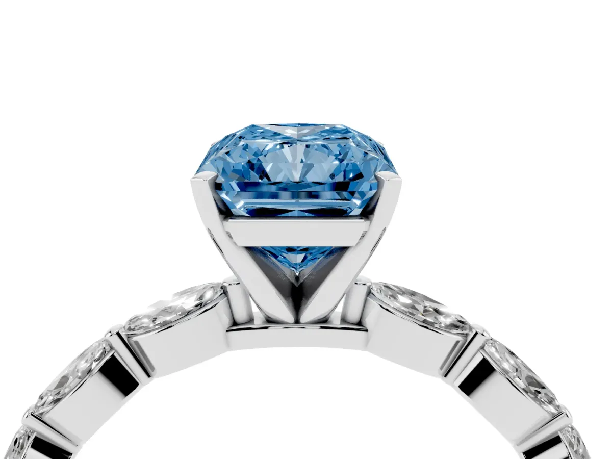 Fancy Blue Radiant Cut Diamond Ring with Marquise Side Stones and Prong Setting Platinum