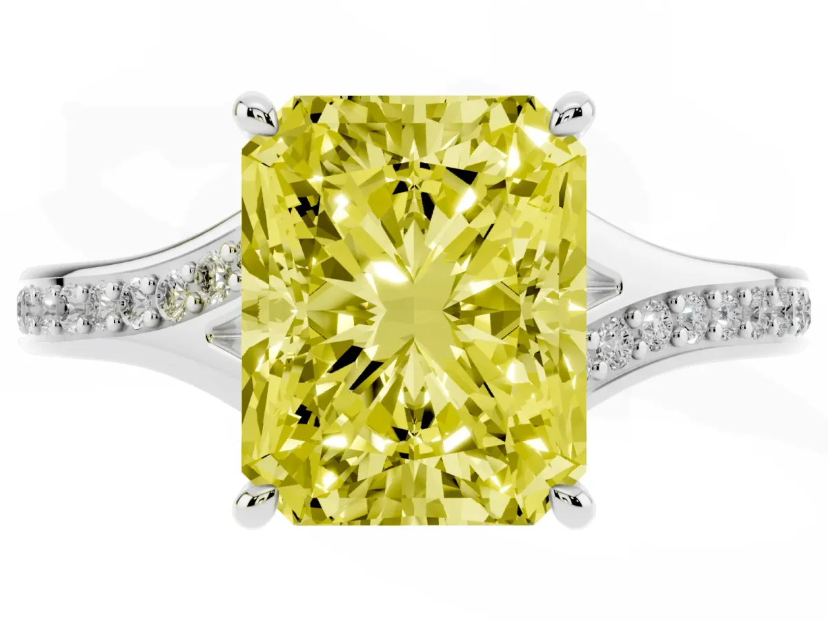 Fancy Yellow Radiant Cut Diamond Solitaire Ring with Pavé Band and Prong Setting Silver