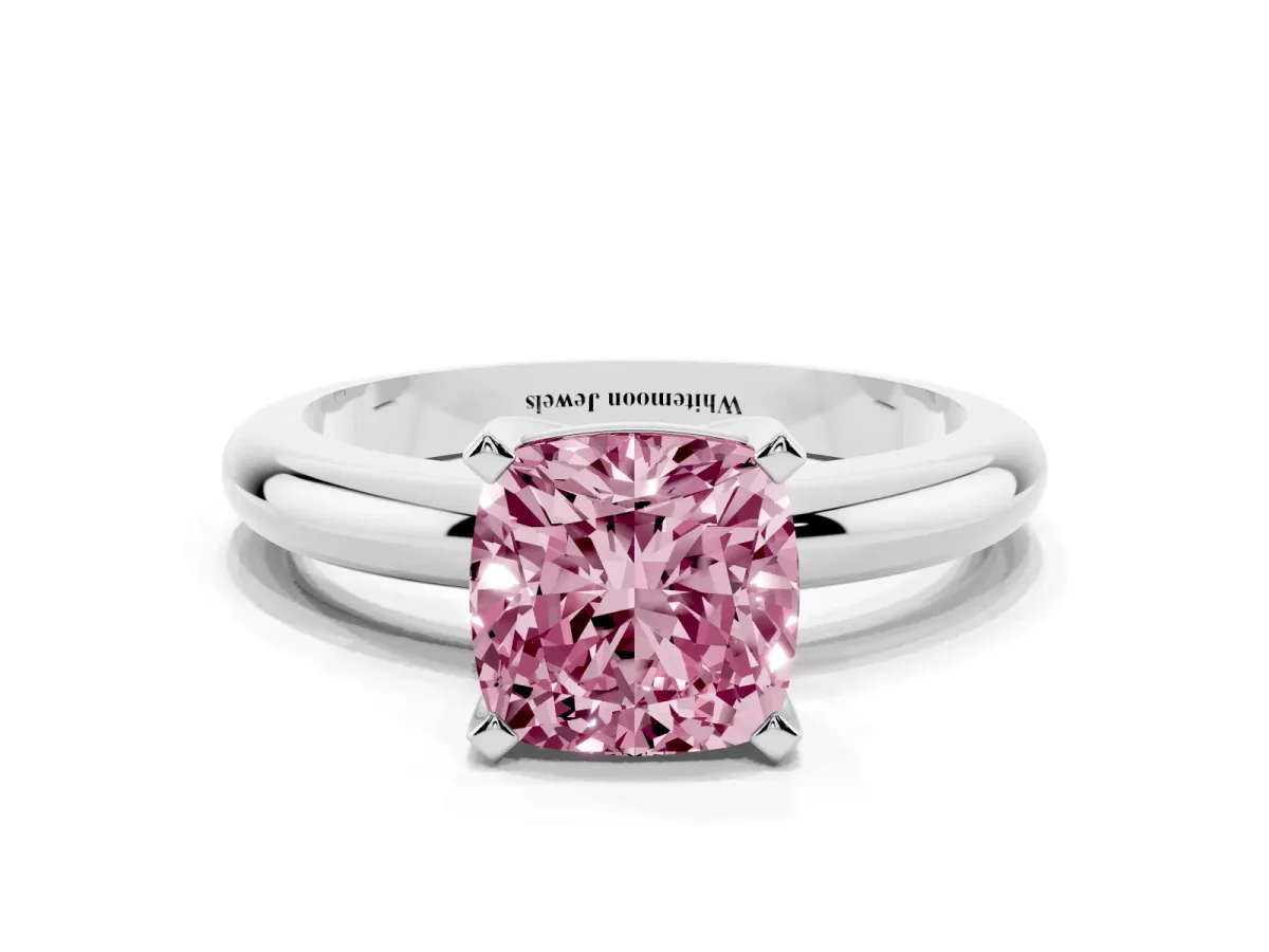 Fancy Pink Cushion Cut Diamond Solitaire Engagement Ring with Round Band and Four-Prong Setting White gold