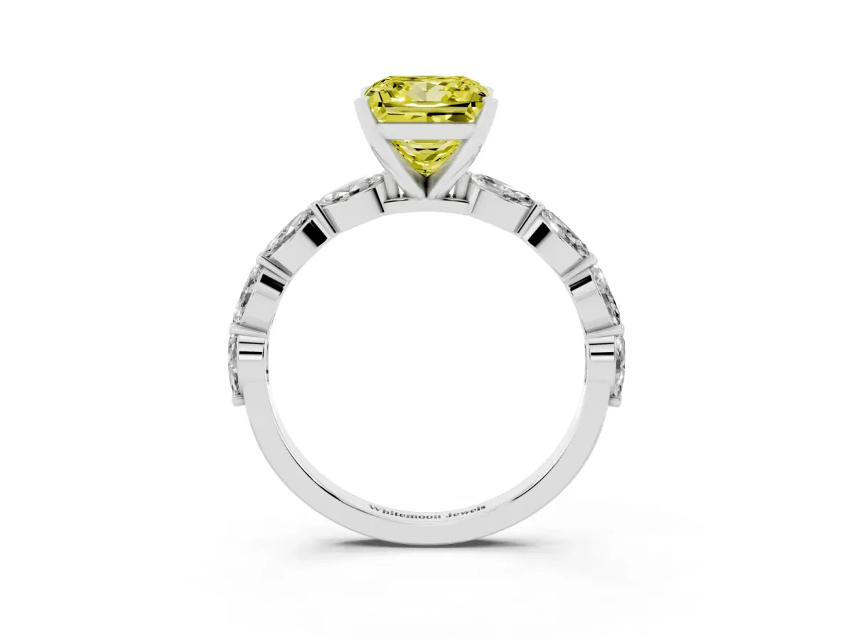 Fancy Yellow Princess Cut Diamond Ring with Marquise Side Stones and Prong Setting Platinum