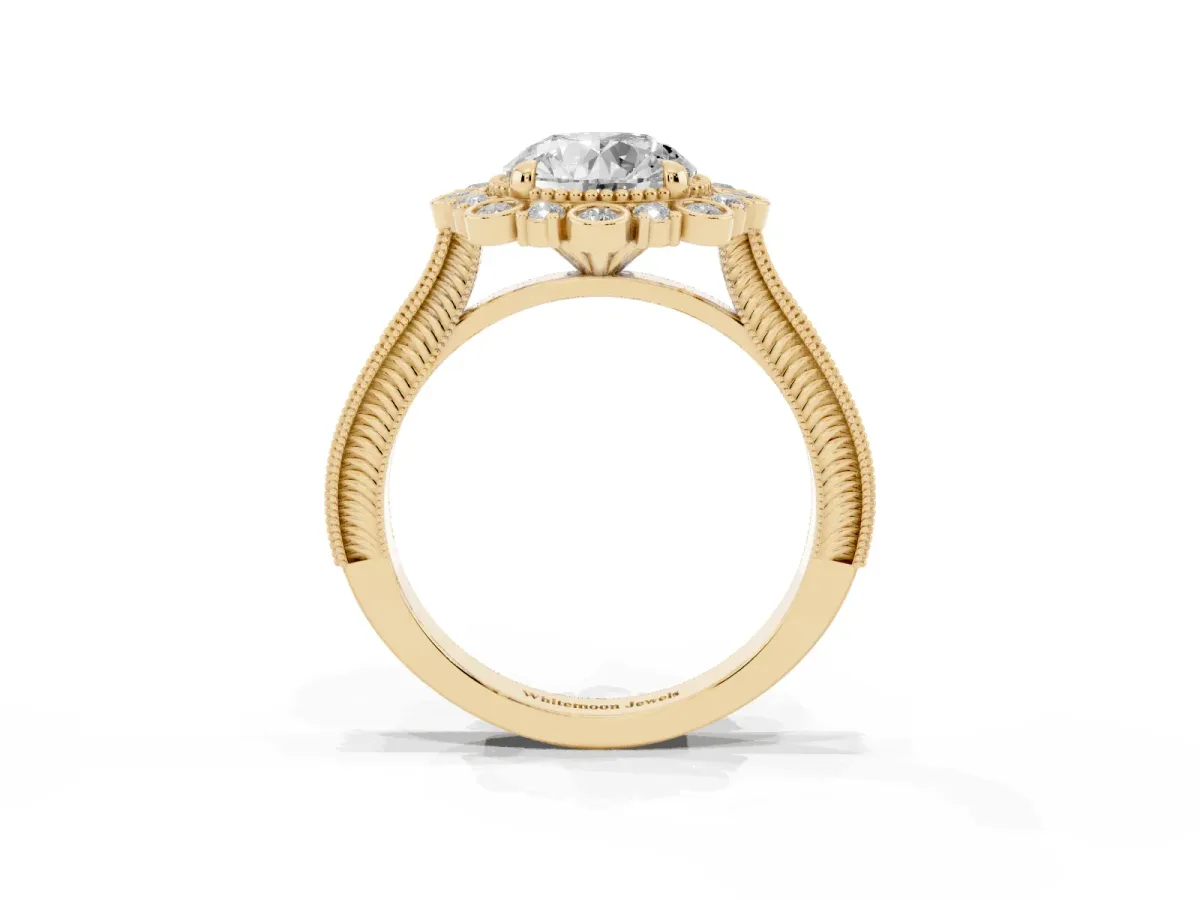 Round Cut Halo Milgrain Pave Diamond Ring with Four-Prong Setting Yellow gold