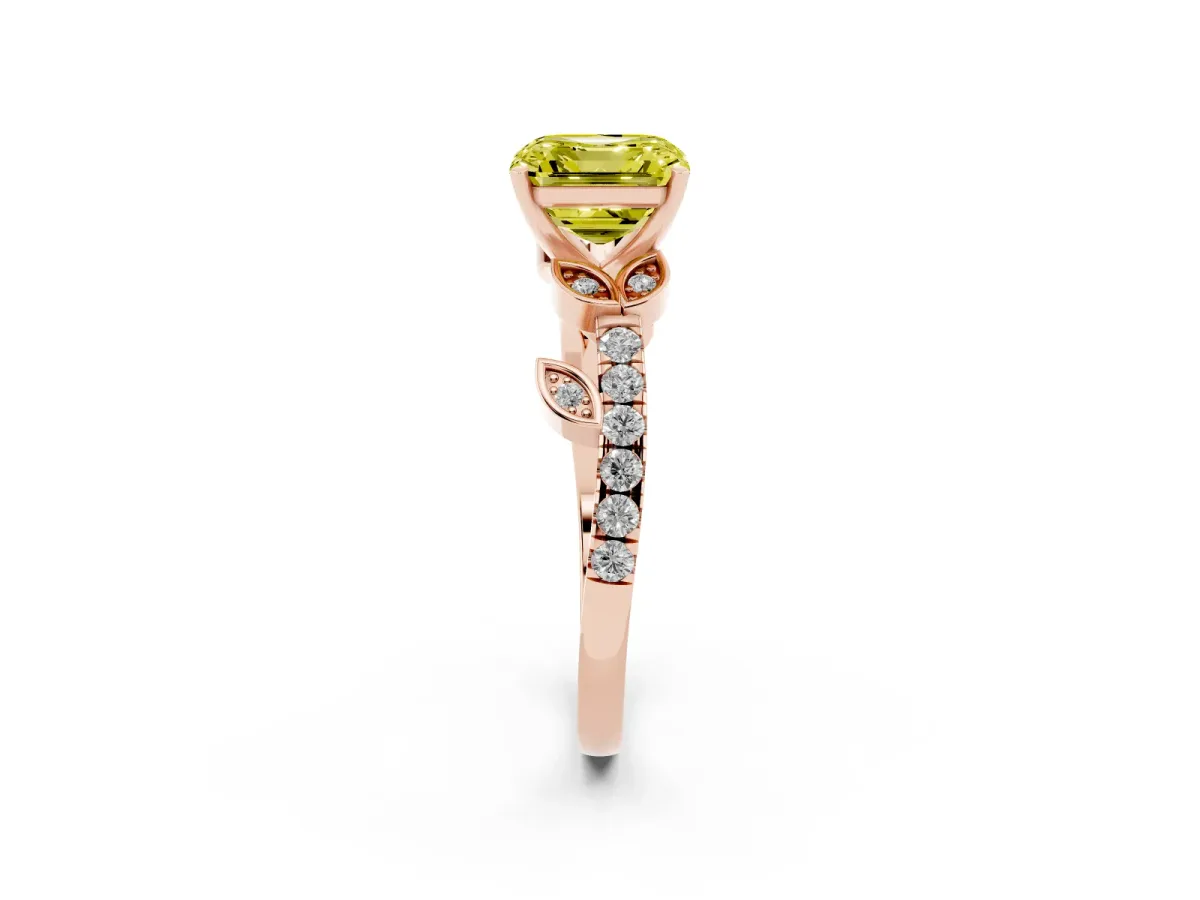 Fancy Yellow Asscher Cut Solitaire Leaf-Inspired Diamond Ring with Pavé Band and Four-Prong Setting Rose gold