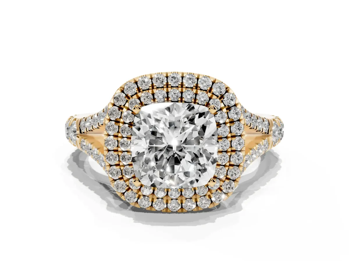 Cushion Cut Diamond Pavé Split Shank Double Halo Engagement Ring Yellow gold
