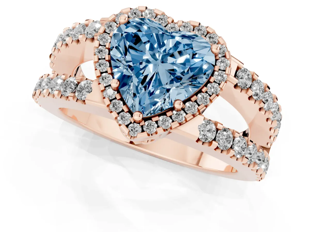 Fancy Blue Heart Cut Cut Halo Split Shank Diamond Ring with Four-Prong Setting Rose gold