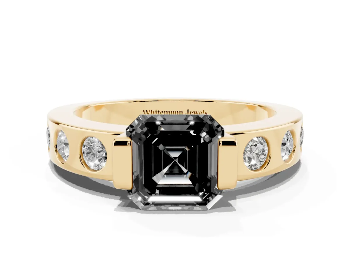 Fancy Black Asscher Cut Brilliant Channel-Set Diamond Ring with Bezel Prong Setting Yellow gold