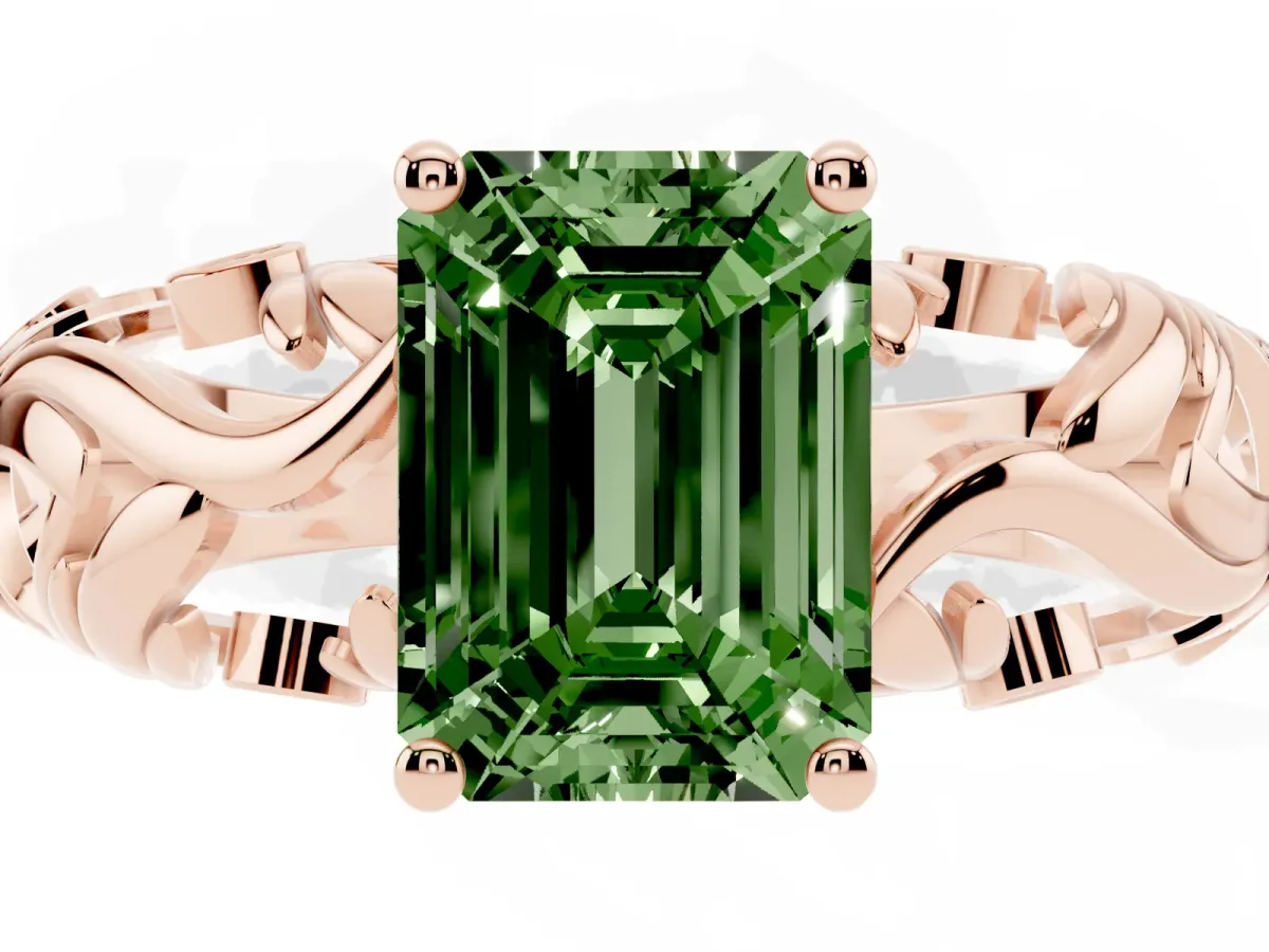 Fancy Green Emerald Cut Solitaire Diamond Leaf-Inspired Vine Band Ring with Prong Setting Rose gold
