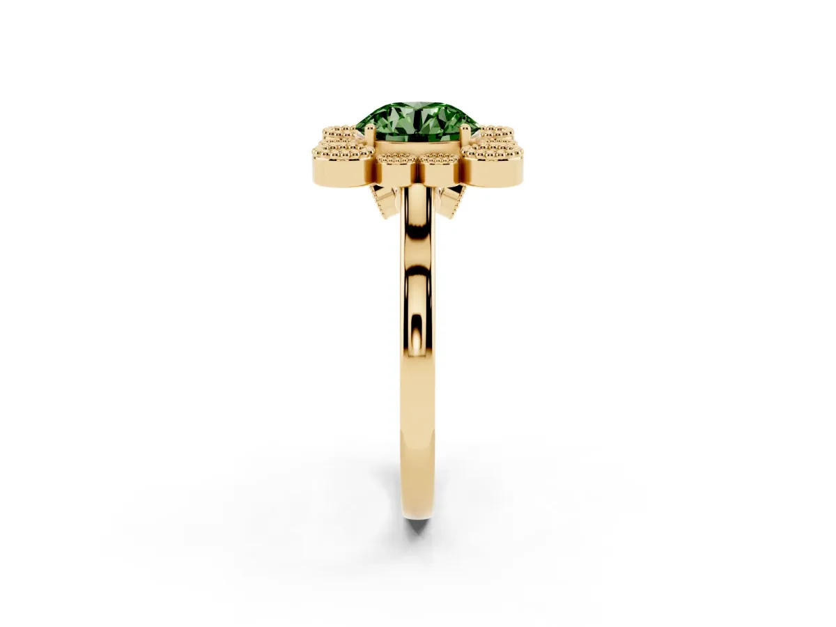 Fancy Green Round Cut Halo Diamond Cluster Engagement Ring with Milgrain Bezel Setting and Solitaire Band Yellow gold