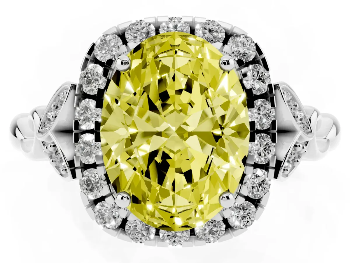 Fancy Yellow Oval Cut Halo Diamond Engagement Ring with Vintage-Inspired Band and Four-Prong Setting White gold