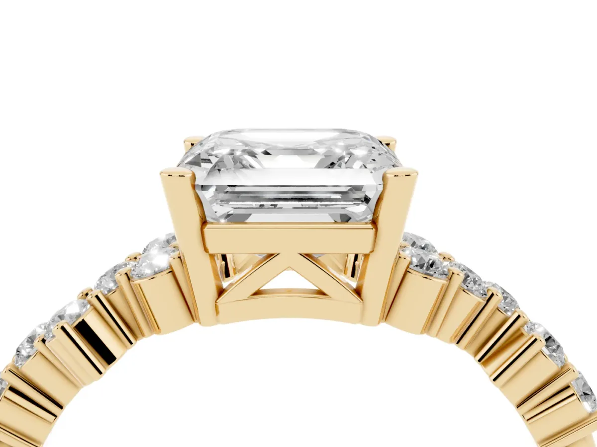 Asscher Cut Diamond Scattered Round Accent Ring with Prong Setting Yellow gold