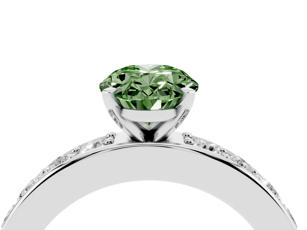 Fancy Green Oval Cut Diamond Engagement Ring with Channel Set Round Band and Prong Setting Platinum