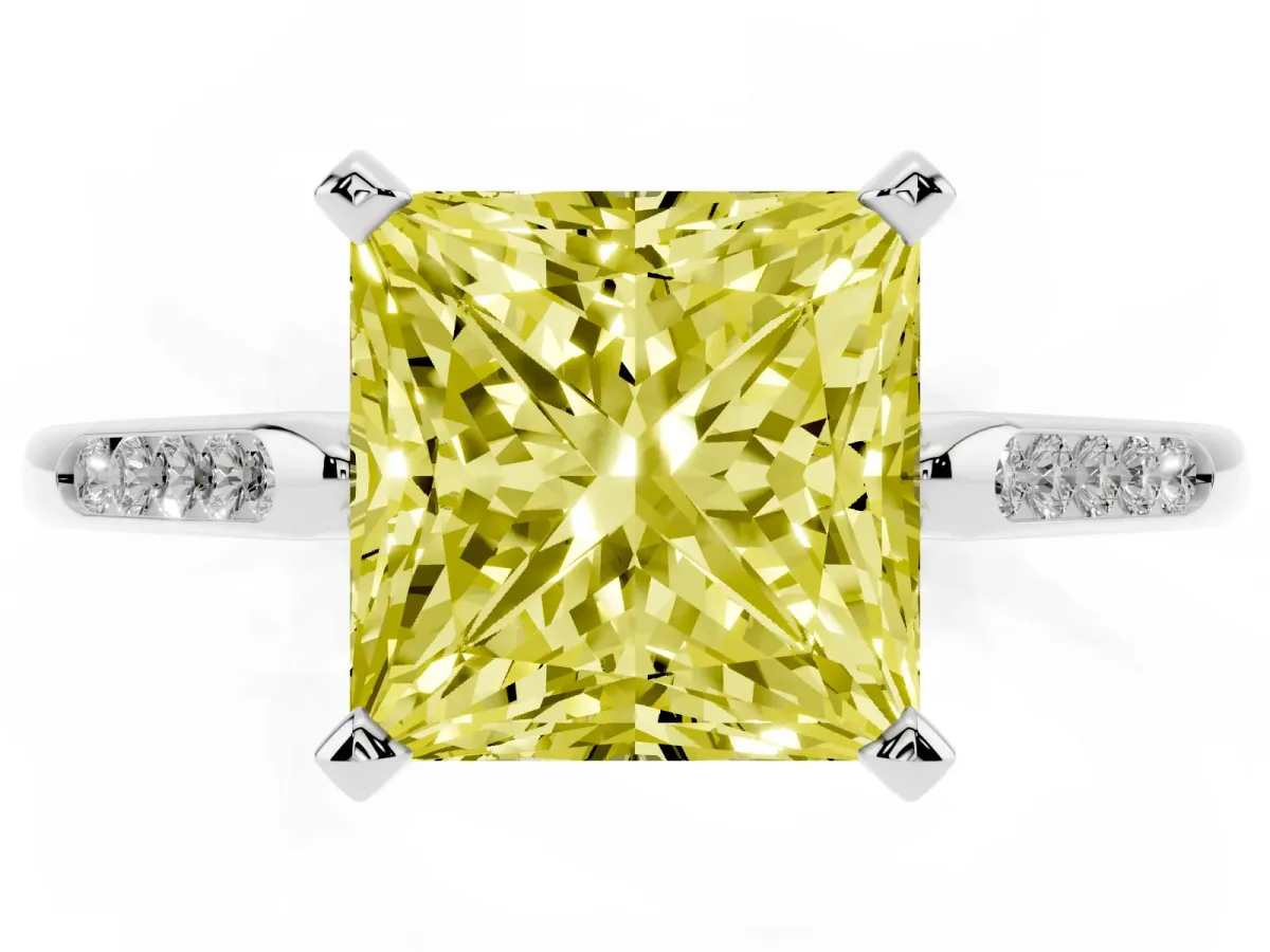 Fancy Yellow Princess Cut Diamond Solitaire Ring with Channel Set Round Band and Prong Setting Platinum