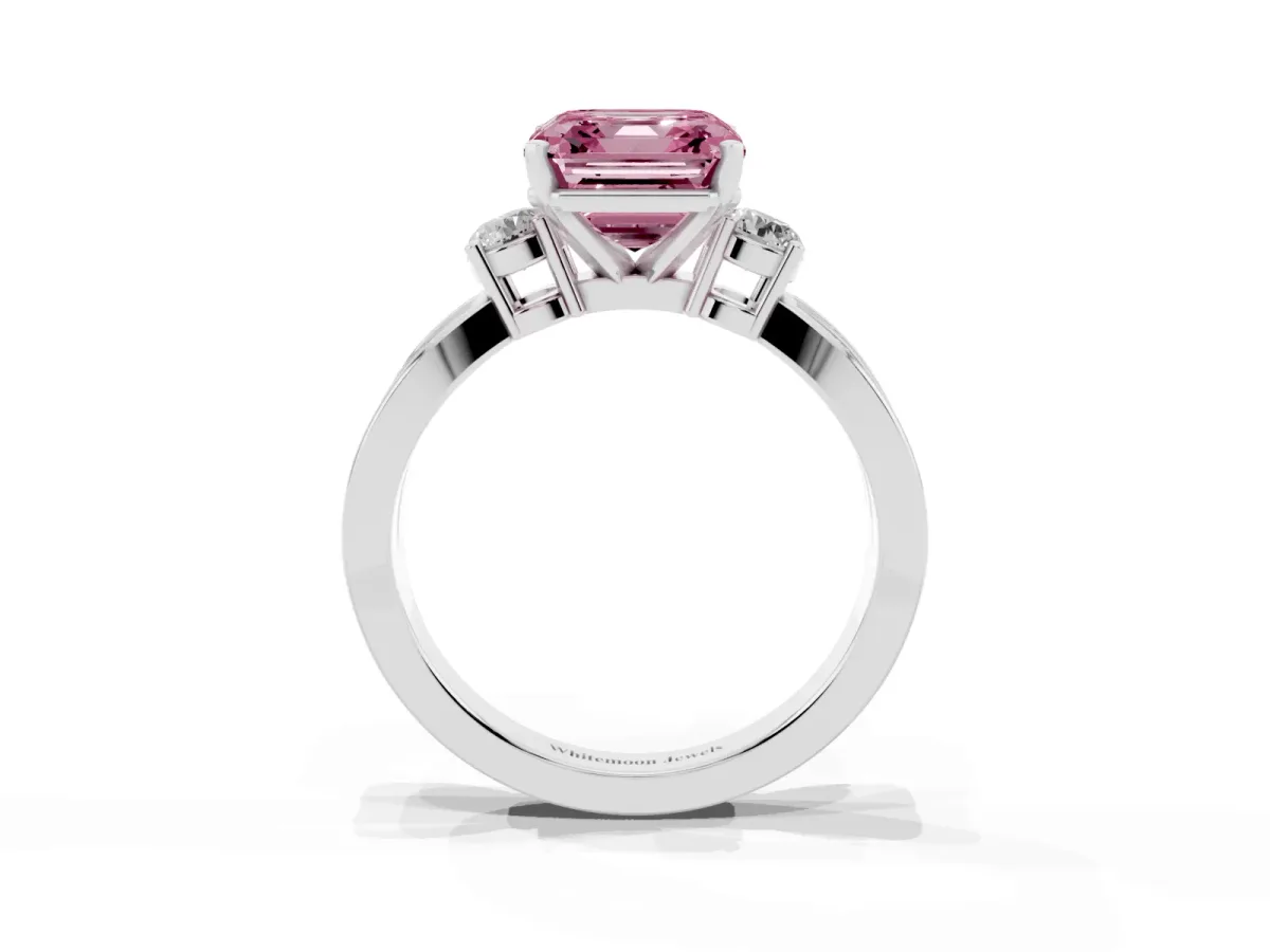 Fancy Pink Three-Stone Asscher Cut Cut Diamond Twist Band with Prong Setting Silver
