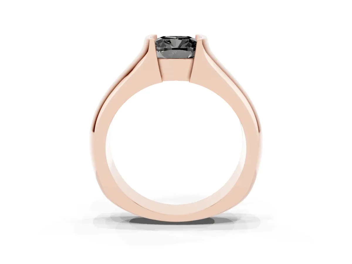 Fancy Black Cushion Cut Solitaire Bezel Set Diamond Ring with Wide Band Rose gold