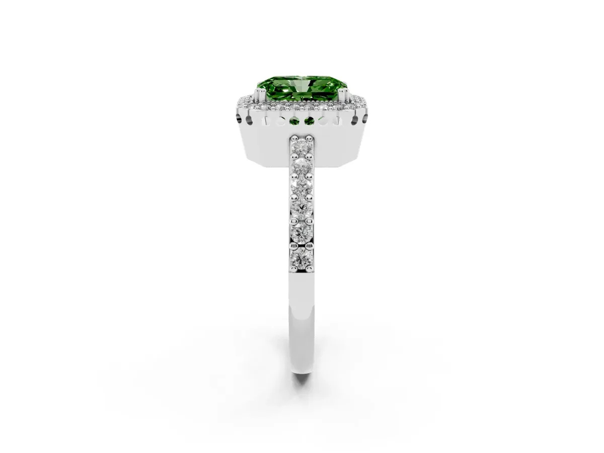 Fancy Green Radiant Cut Cut Diamond Halo Engagement Ring with Milgrain Detail and Pavé Band Silver
