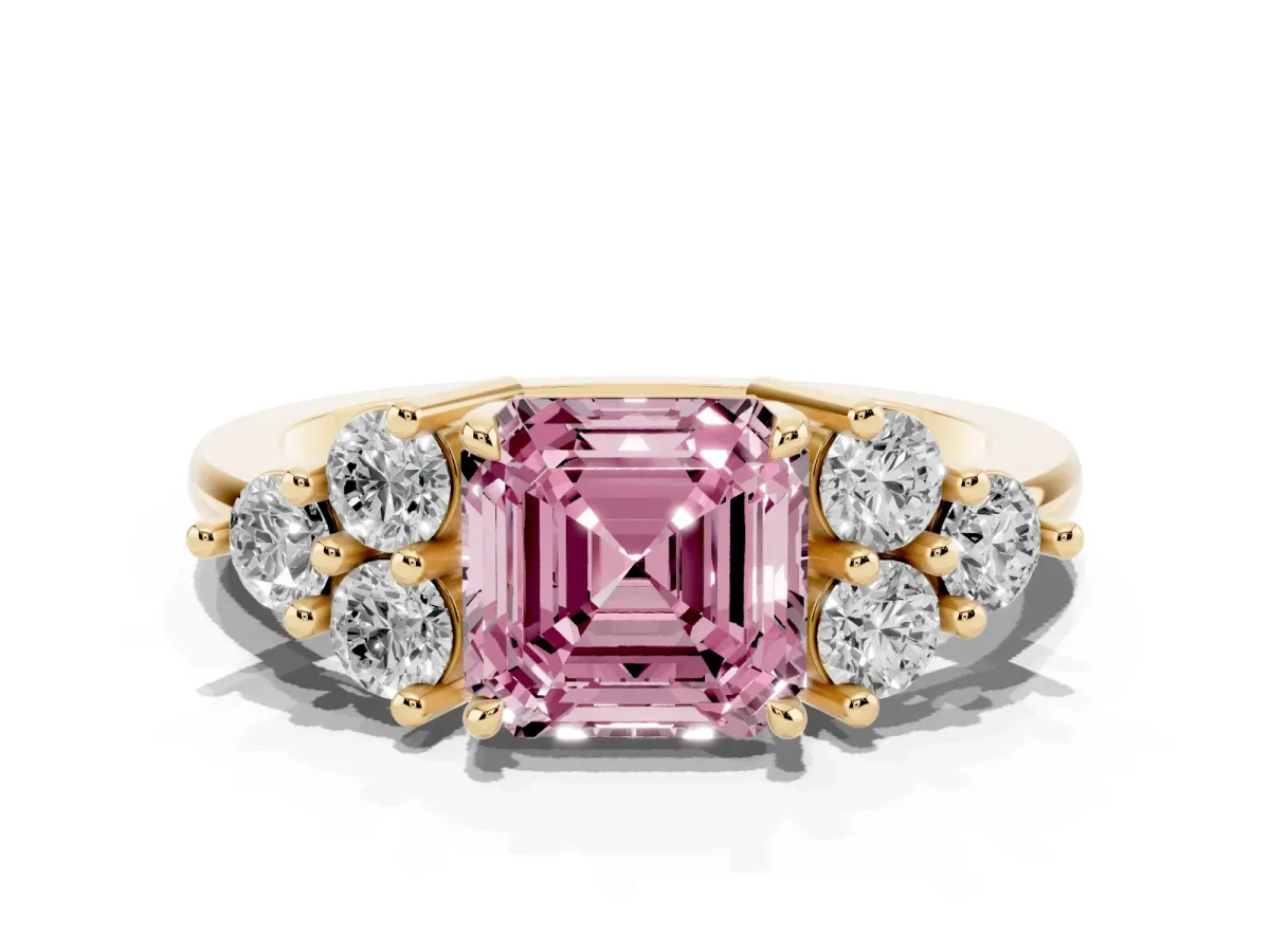 Fancy Pink Asscher Cut Brilliant Diamond Cluster Accent Solitaire Ring with Prong Setting Yellow gold