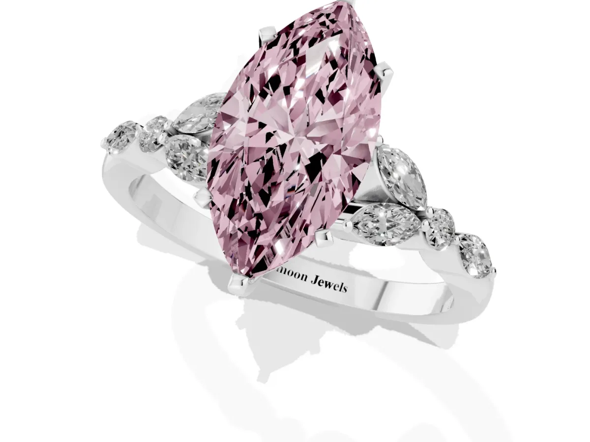 Fancy Pink Marquise Cut Diamond Solitaire Ring with Side Stones and Four-Prong Setting Silver
