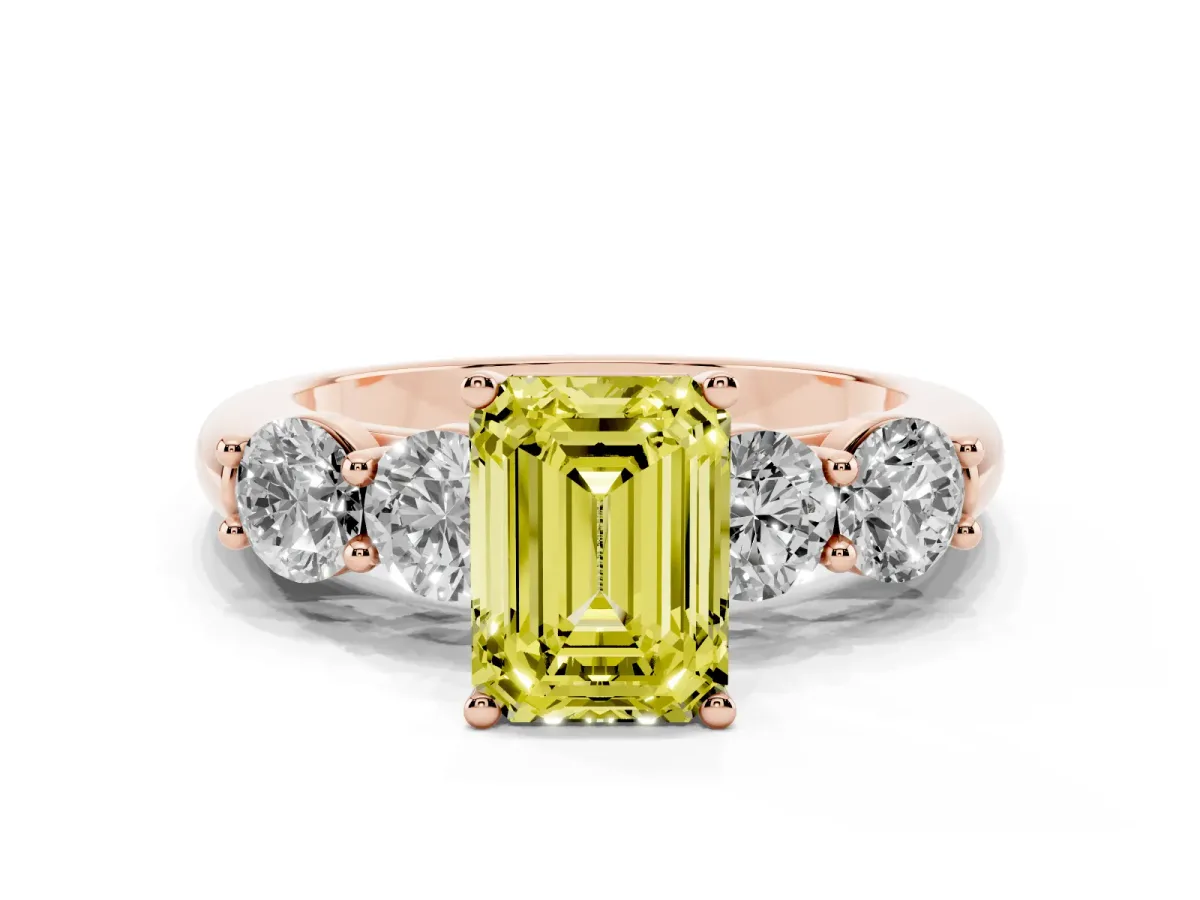 Fancy Yellow Emerald Cut Cut Five-Stone Prong Set Diamond Ring with Classic Band Rose gold