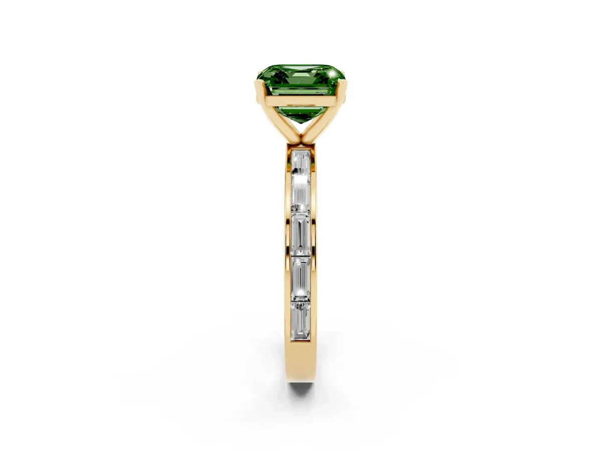 Fancy Green Asscher Cut Solitaire Diamond Ring with Channel-Set Baguette Band and Four-Prong Setting Yellow gold