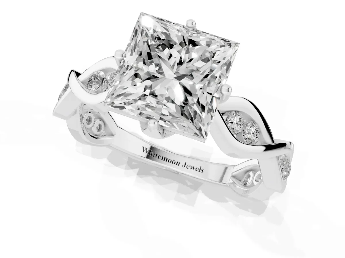Princess Cut Solitaire Twist Band with Leaf Prong Setting White gold