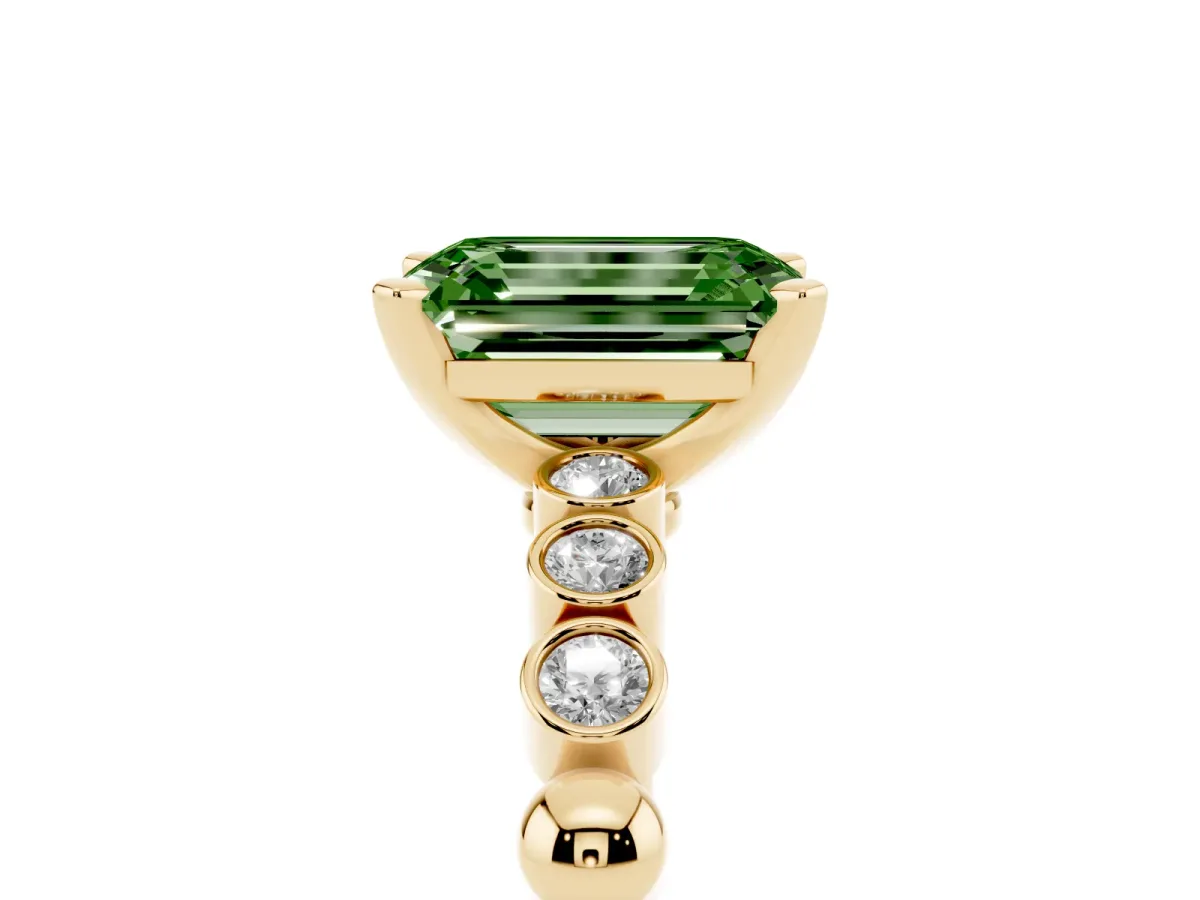 Fancy Green Emerald Cut Solitaire Bezel Accent Diamond Engagement Ring with Beaded Band and Four-Prong Setting Yellow gold
