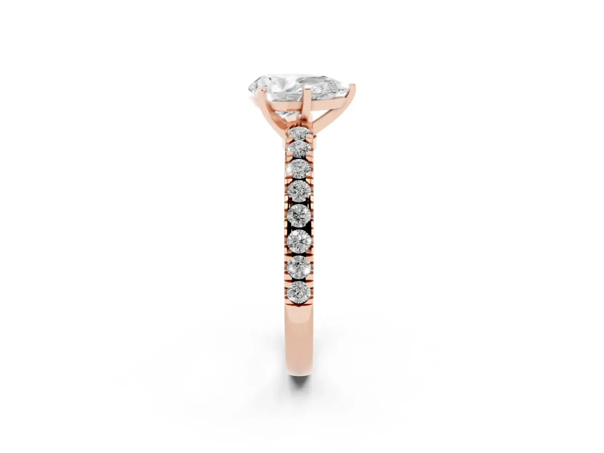 Pear Cut Solitaire Diamond with Pavé Band and Four-Prong Setting Rose gold