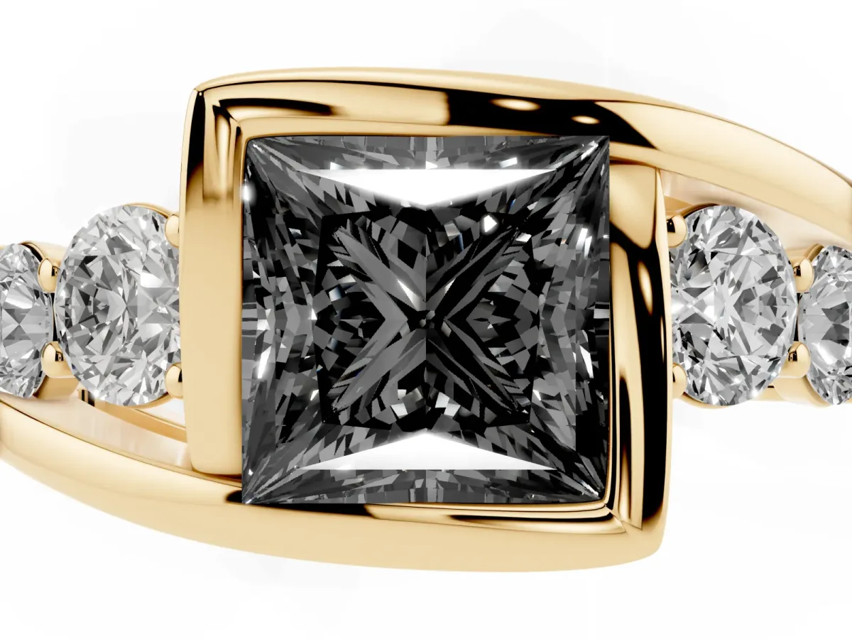 Fancy Black Bezel Set Princess Cut Diamond Bypass Ring with Round Accents Yellow gold