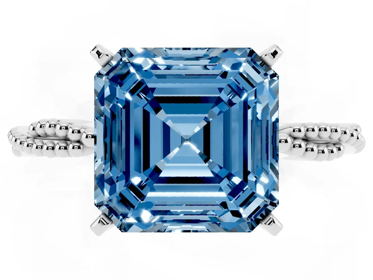 Fancy Blue Asscher Cut Solitaire Twisted Band with Bead Prong Setting White gold
