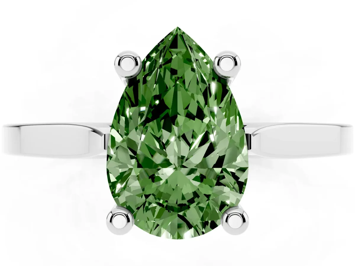 Fancy Green Pear Cut Solitaire Diamond Ring with Four-Prong Setting and Tapered Band Platinum