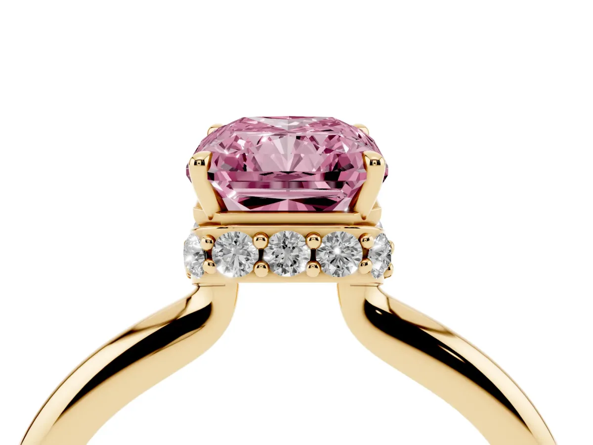 Fancy Pink Radiant Cut Brilliant Solitaire Engagement Ring with Six-Prong Setting and Classic Band Yellow gold