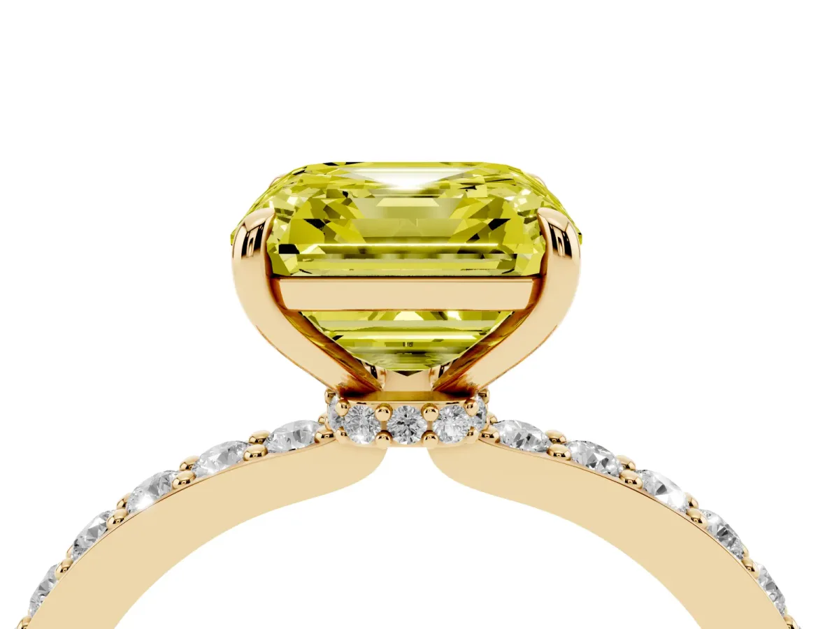 Fancy Yellow Asscher Cut Diamond Solitaire Engagement Ring with Pavé Band and Four-Prong Setting Yellow gold