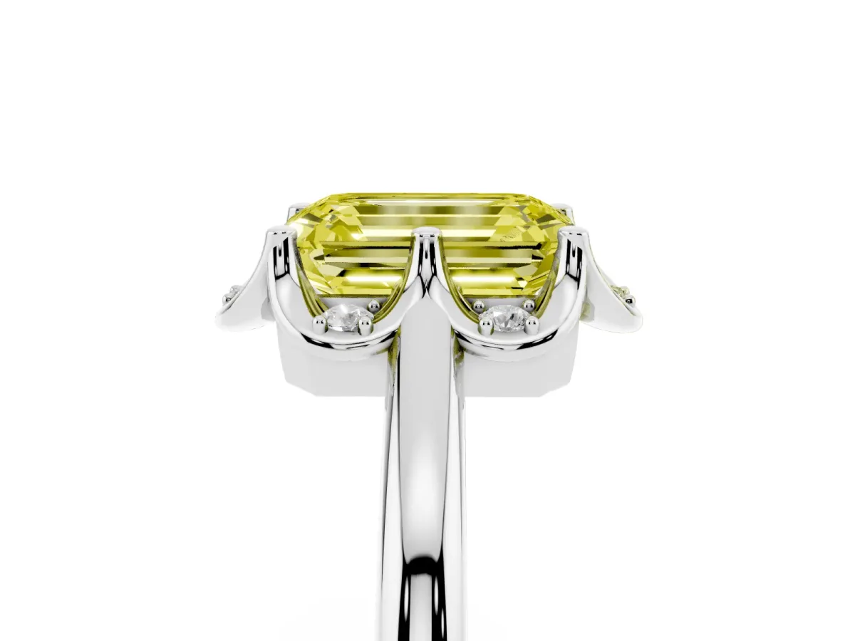 Fancy Yellow Emerald Cut Halo Diamond Ring with Round Cluster Setting, Solitaire Band, and Four-Prong Setting Silver