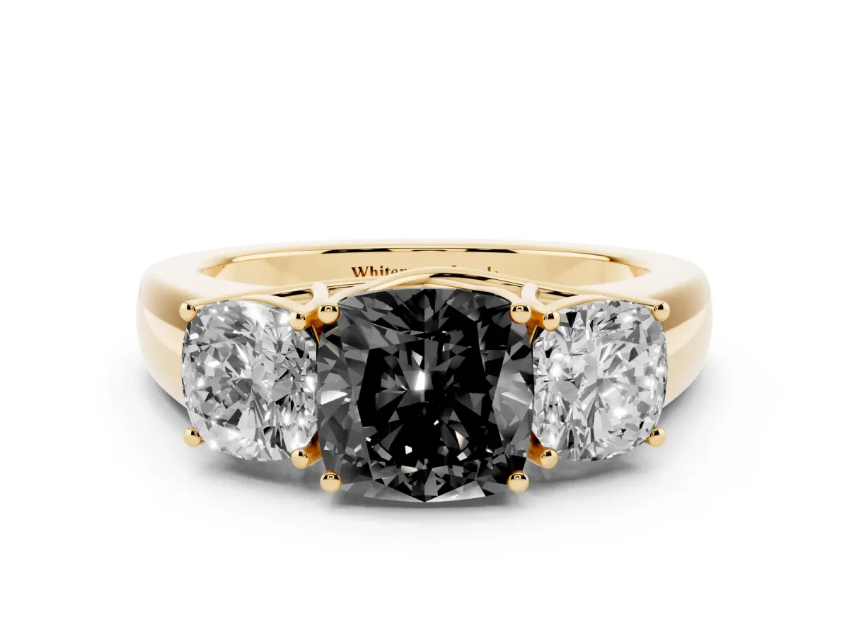 Fancy Black Three-Stone Cushion Cut Cut Diamond Ring with Prong Setting and Classic Band Yellow gold