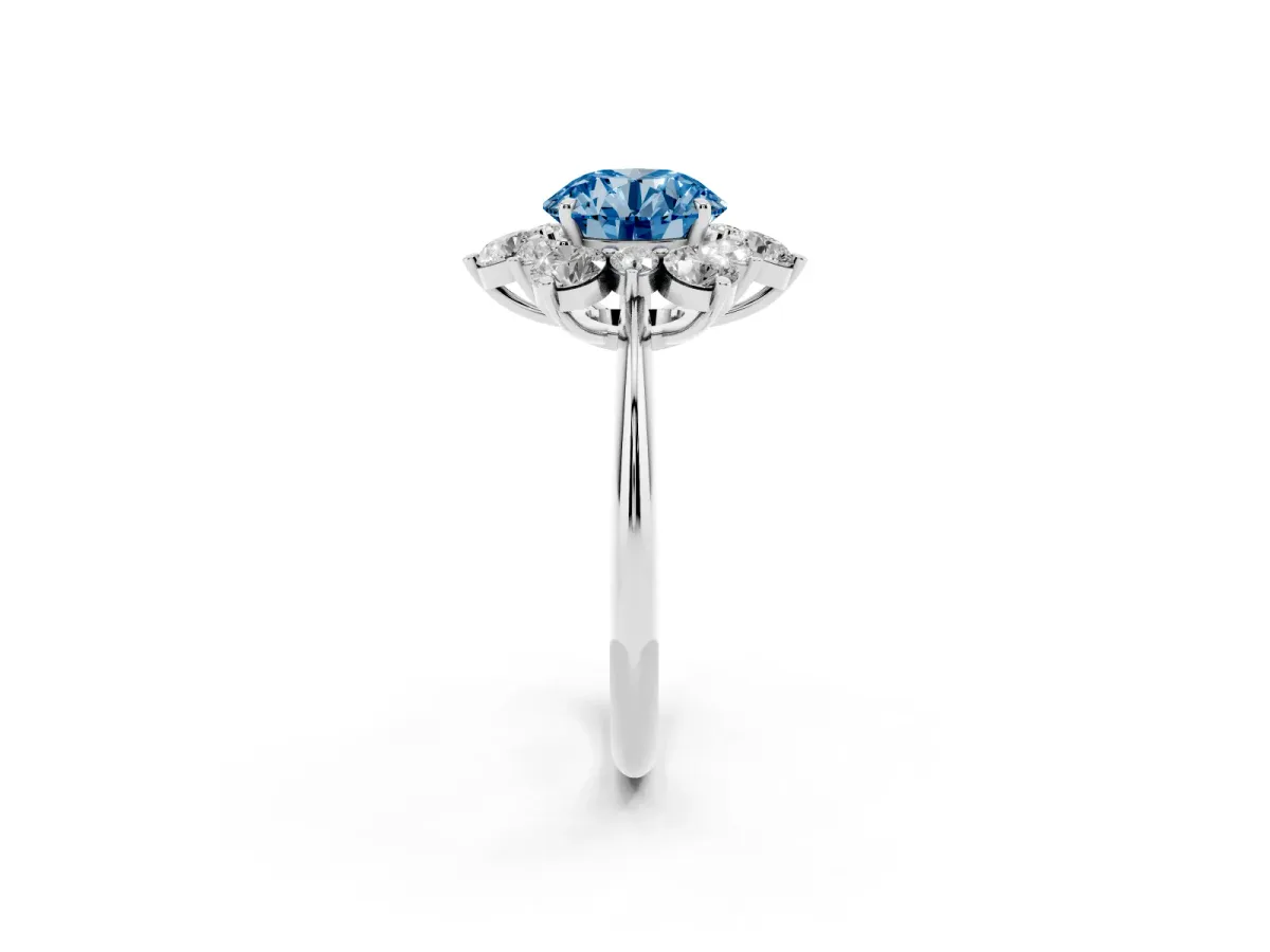 Fancy Blue Round Cut Diamond Cluster Halo Ring with Solitaire Band and Four-Prong Setting Silver