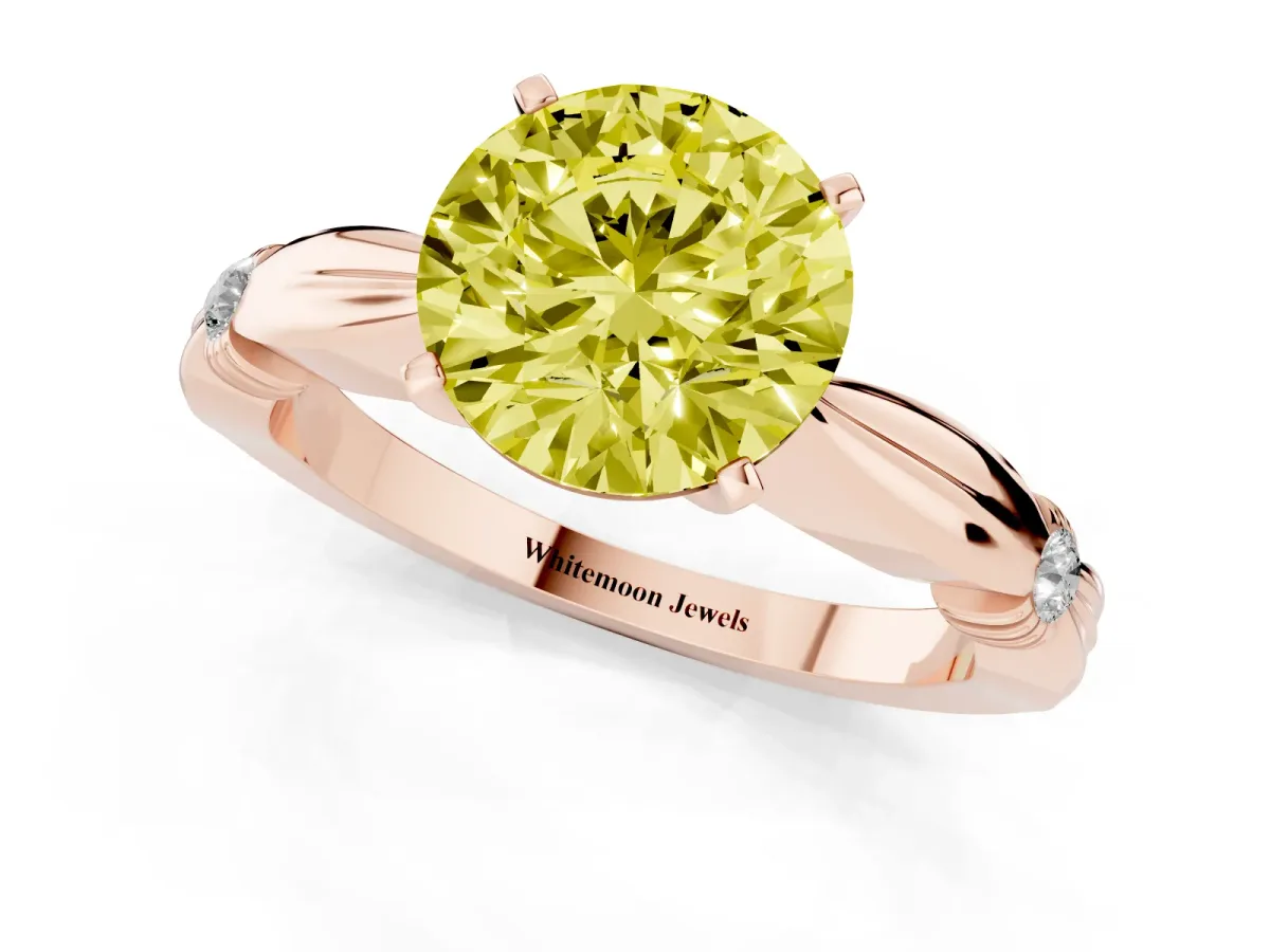 Fancy Yellow Round Cut Solitaire Diamond Twisted Band with Four-Prong Setting Rose gold