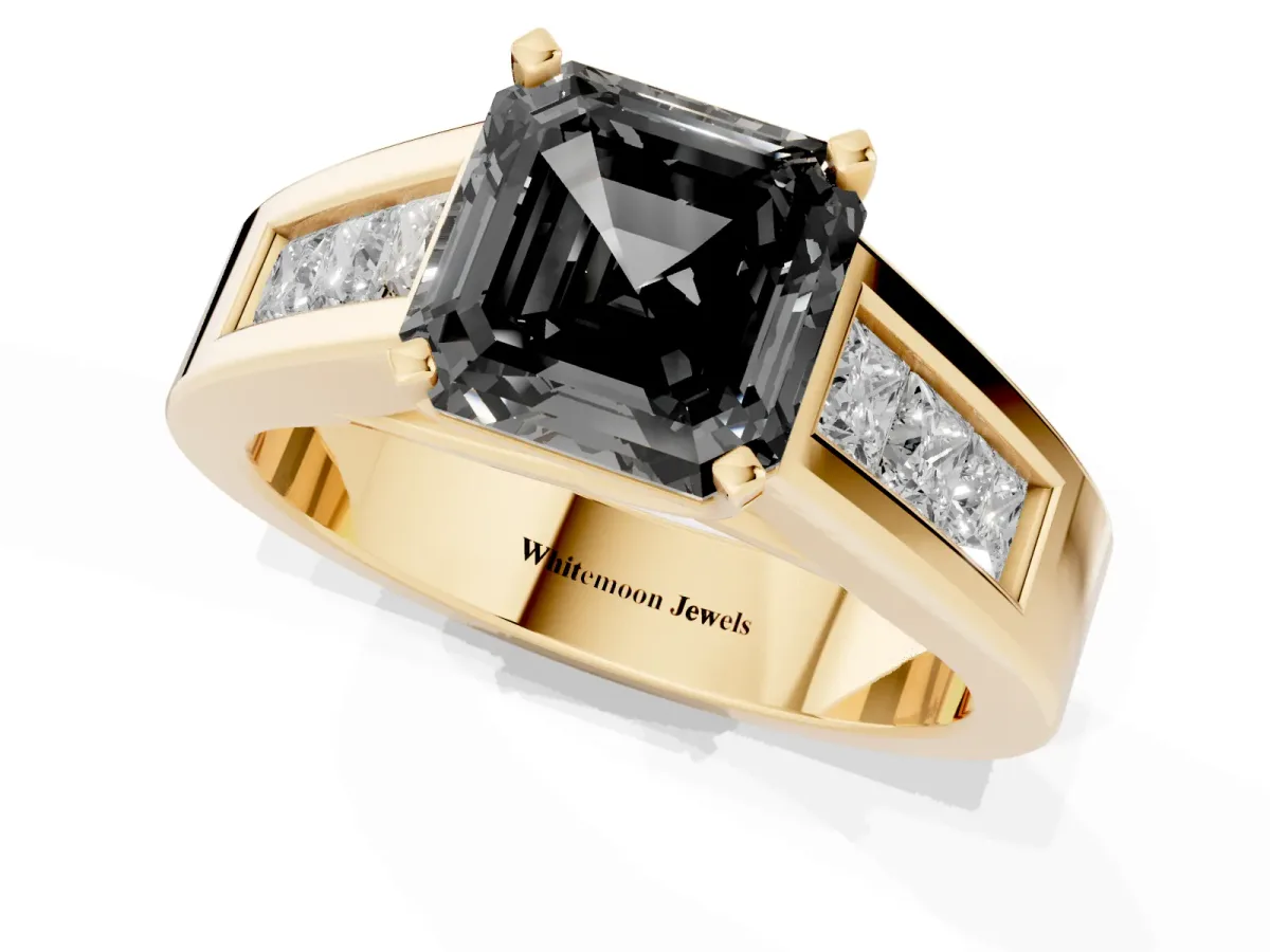 Fancy Black Asscher Cut Cut Channel Set Solitaire Ring with Four-Prong Setting Yellow gold