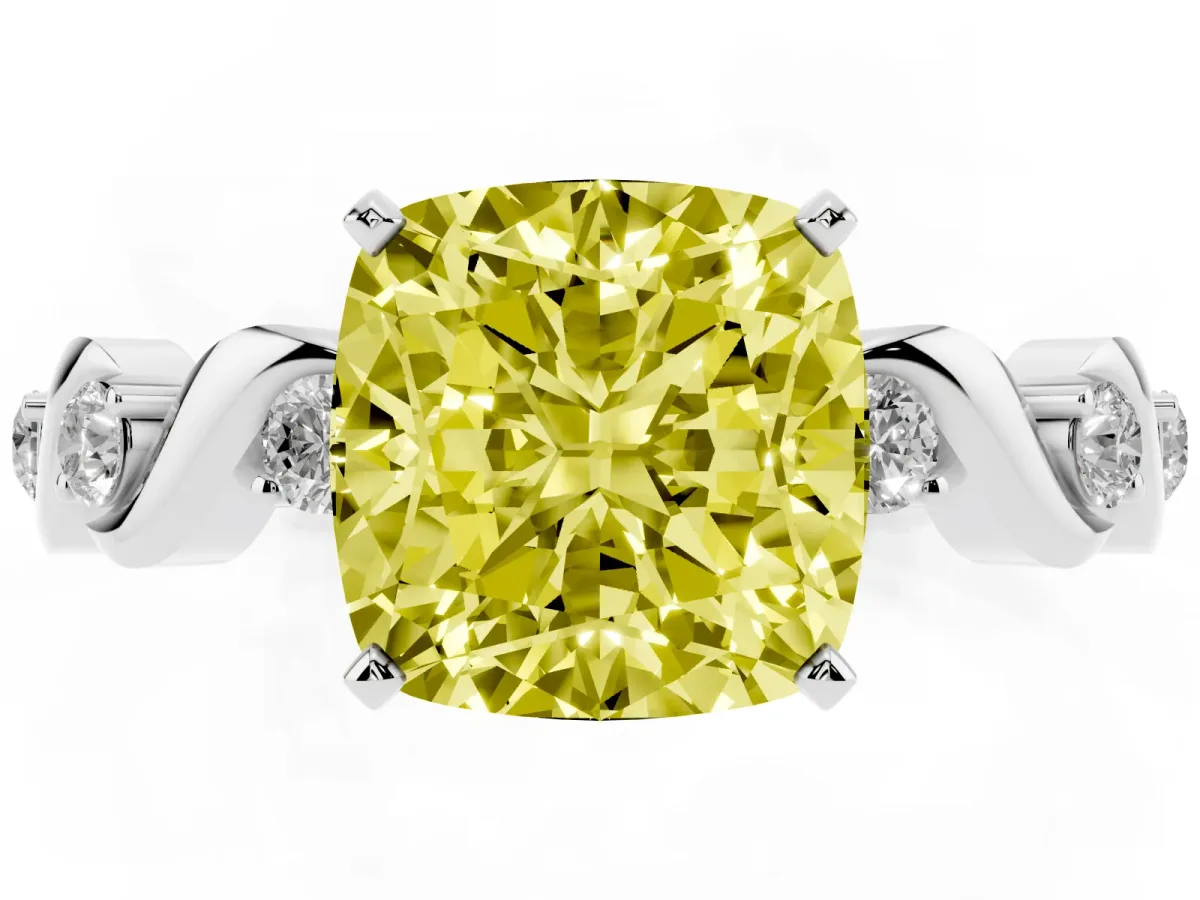 Fancy Yellow Cushion Cut Diamond Solitaire Twisted Band with Round Accents and Prong Setting White gold