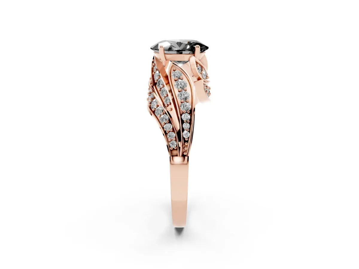 Fancy Black Oval Cut Diamond Solitaire Ring with Prong Setting and Twisted Pavé Band Rose gold