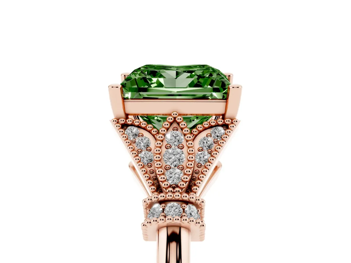 Fancy Green Princess Cut Diamond Solitaire Ring with Floral Filigree and Pave Accents Rose gold