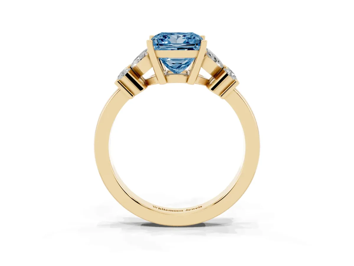 Fancy Blue Princess Cut Diamond Floral Cluster Ring with Solitaire Band and Prong Setting Yellow gold