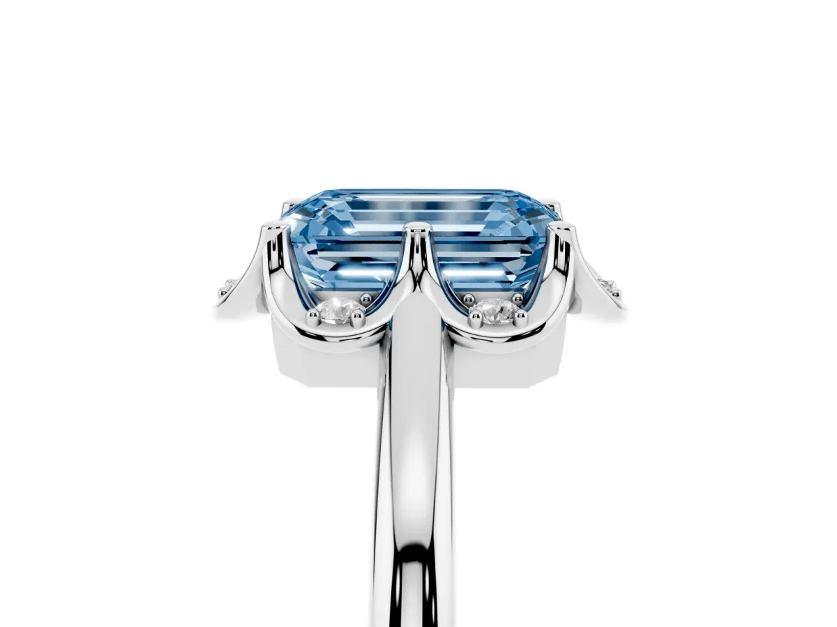Fancy Blue Emerald Cut Halo Diamond Ring with Round Cluster Setting, Solitaire Band, and Four-Prong Setting Silver