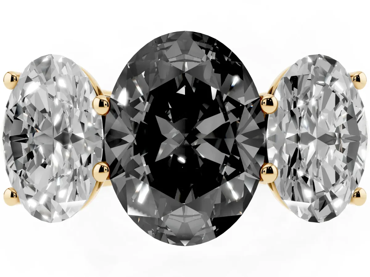 Fancy Black Oval Cut Three-Stone Diamond Ring with Prong Setting on a Classic Band Yellow gold