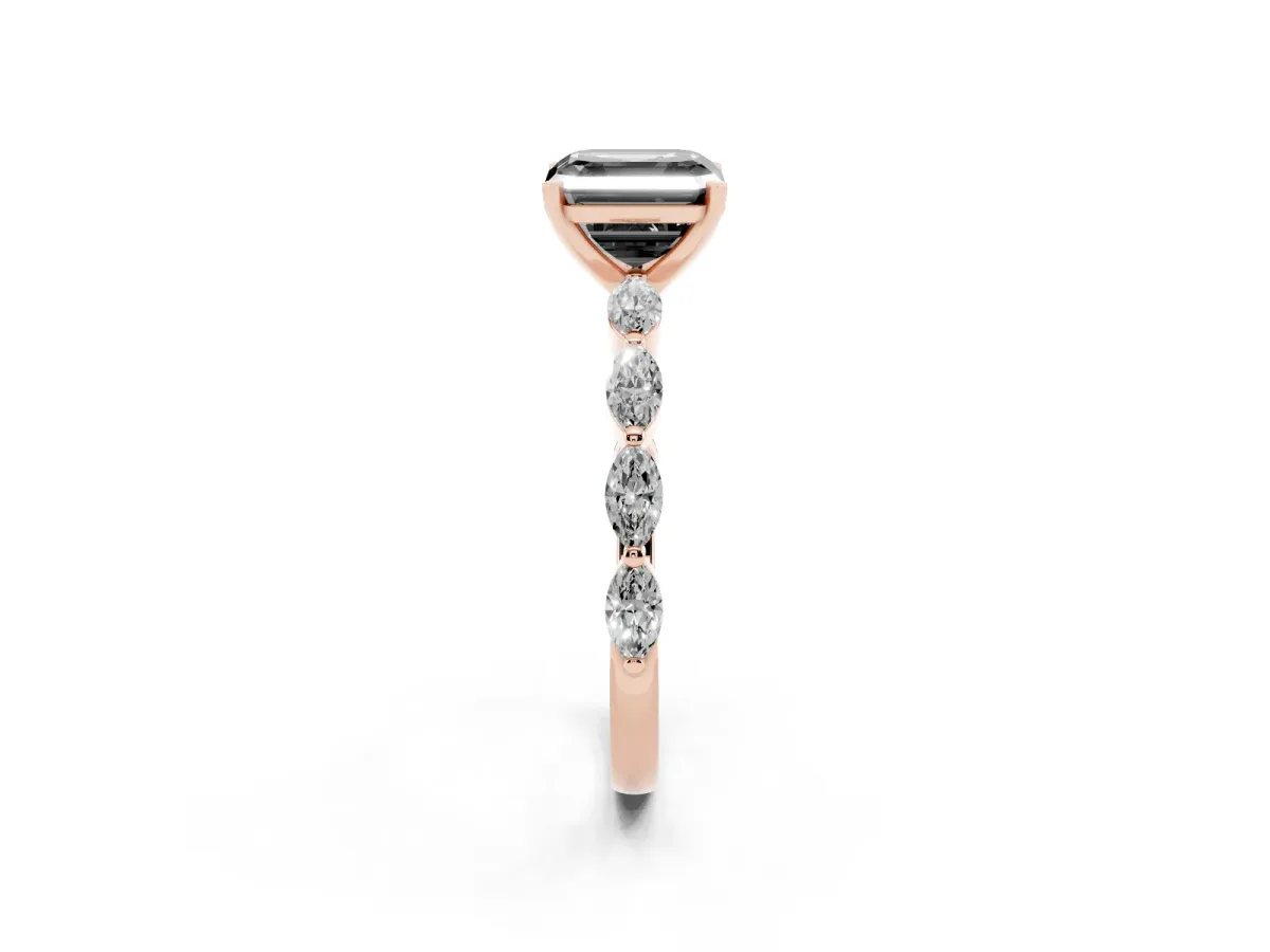 Fancy Black Asscher Cut Diamond Ring with Marquise Side Stones and Prong Setting Rose gold
