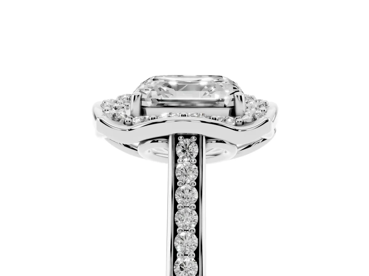 Asscher Cut Halo Round Diamond Pave Band with Four-Prong Setting Silver