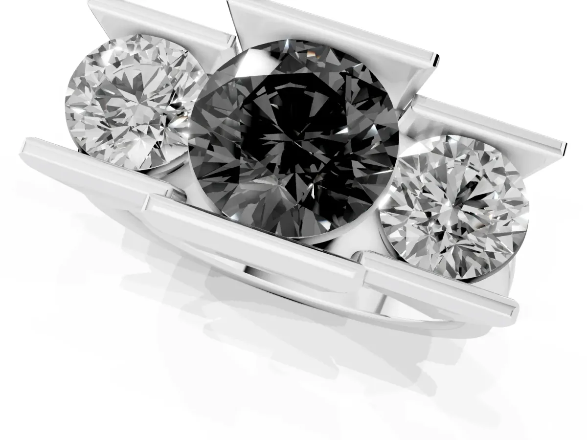 Fancy Black Three Stone Round Cut Cut Channel Set Diamond Ring Platinum