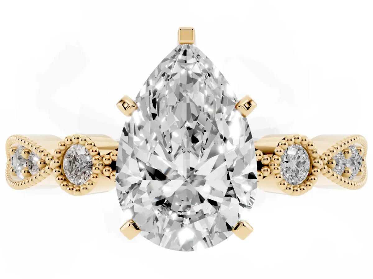 Pear Cut Milgrain Bezel Diamond Engagement Ring with Solitaire Prong Setting Yellow gold