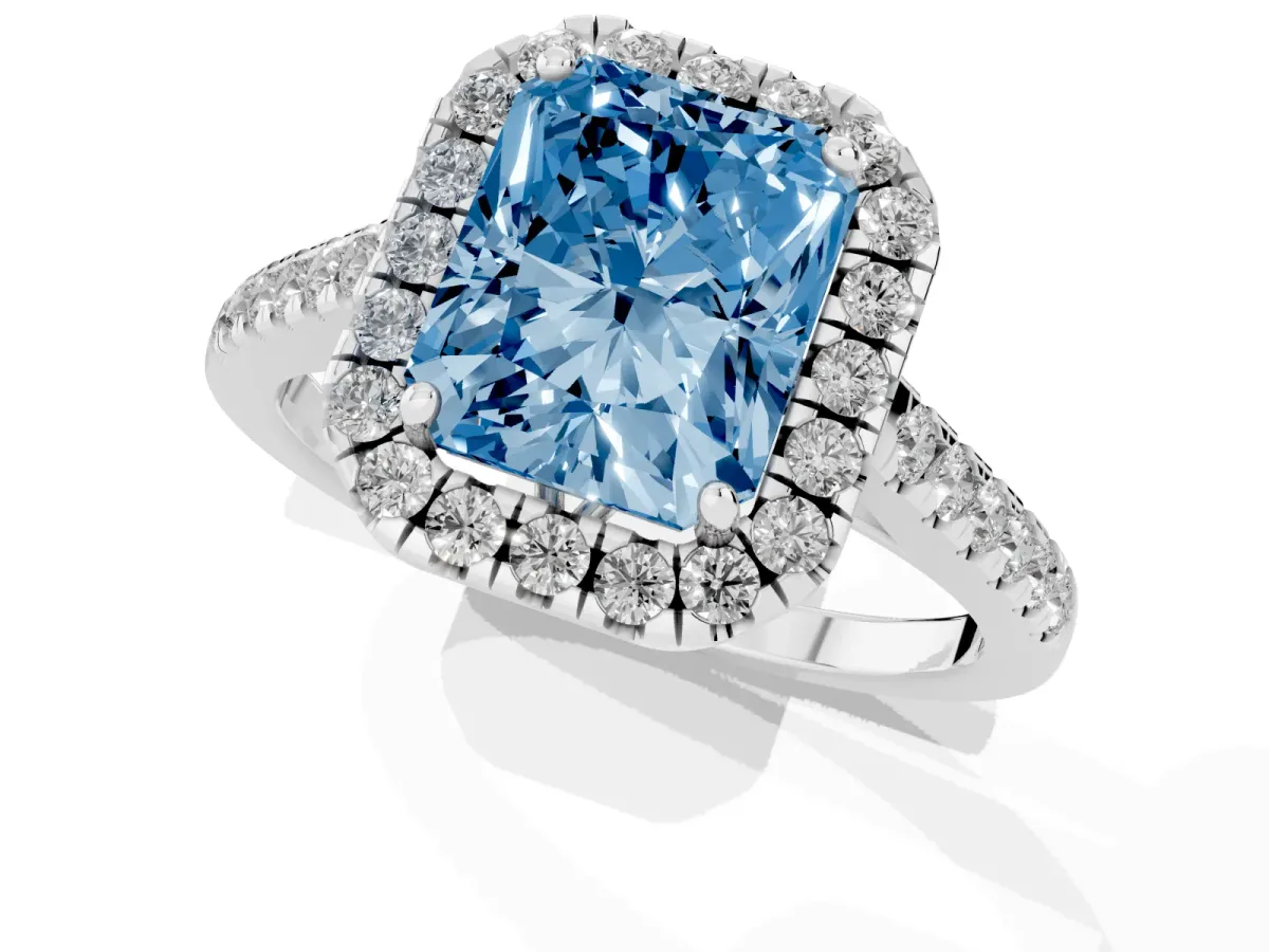 Fancy Blue Radiant Cut Halo Pavé Diamond Engagement Ring with Four-Prong Setting Silver